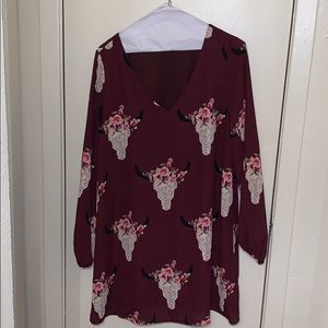 Maroon dress with cow skulls